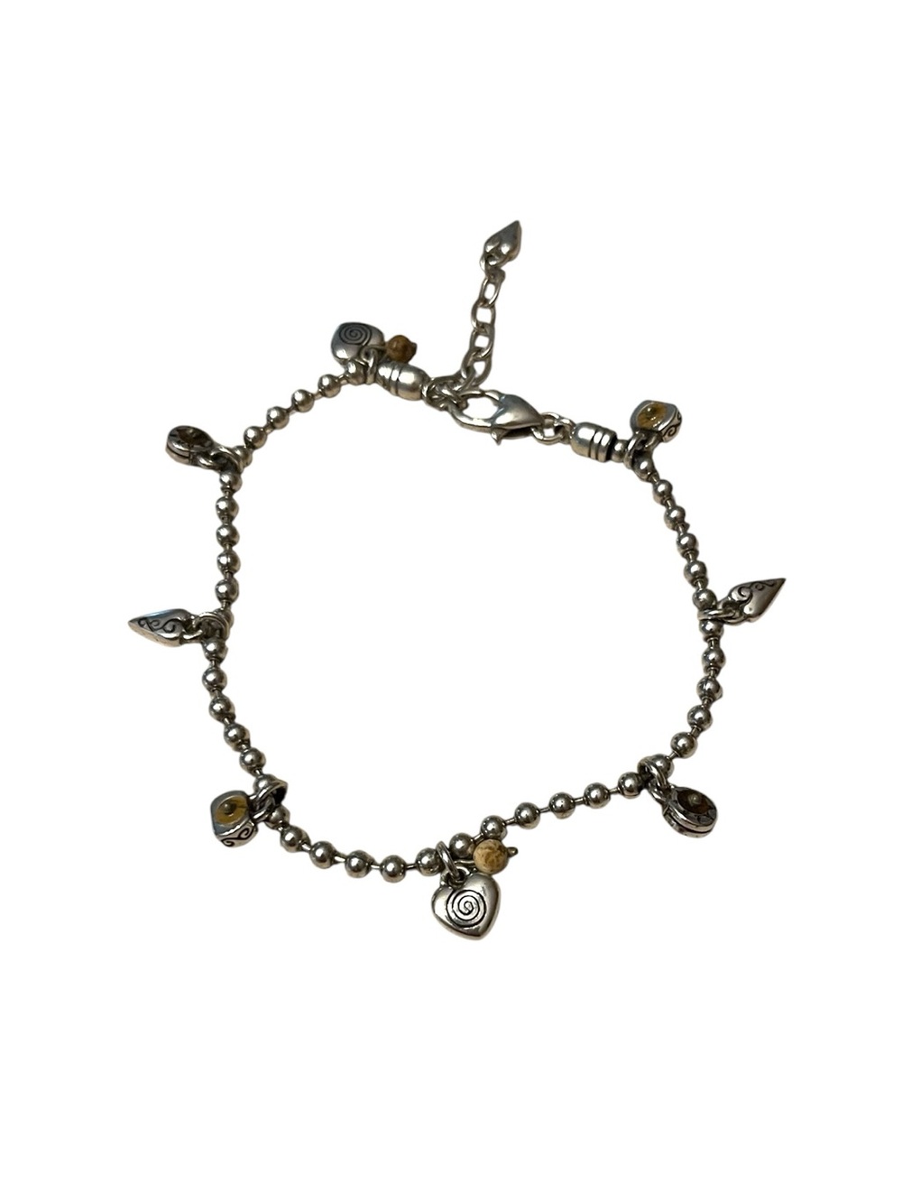 Brighton Tiddlywinks Silver Tone Hearts Jasper Beads Charm Ankle Bracelet